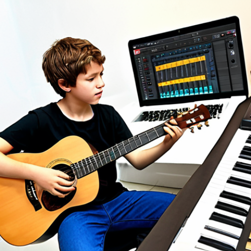 Home 4 **A young musician taking an online music talent test on a laptop. The room is filled with musical instruments like a guitar and keyboard, suggesting a dedicated practice space.**