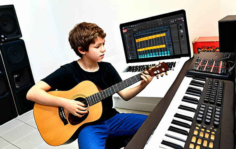 **A young musician taking an online music talent test on a laptop. The room is filled with musical instruments like a guitar and keyboard, suggesting a dedicated practice space.**